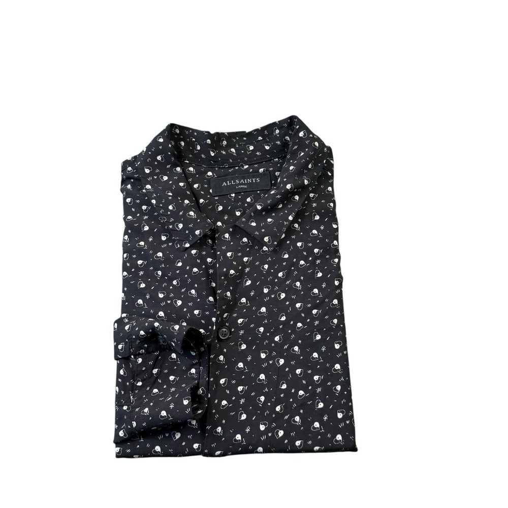 AllSaints Mens Romantic Heart AOP Viscose Long Sleeve Button Front Shirt Black L